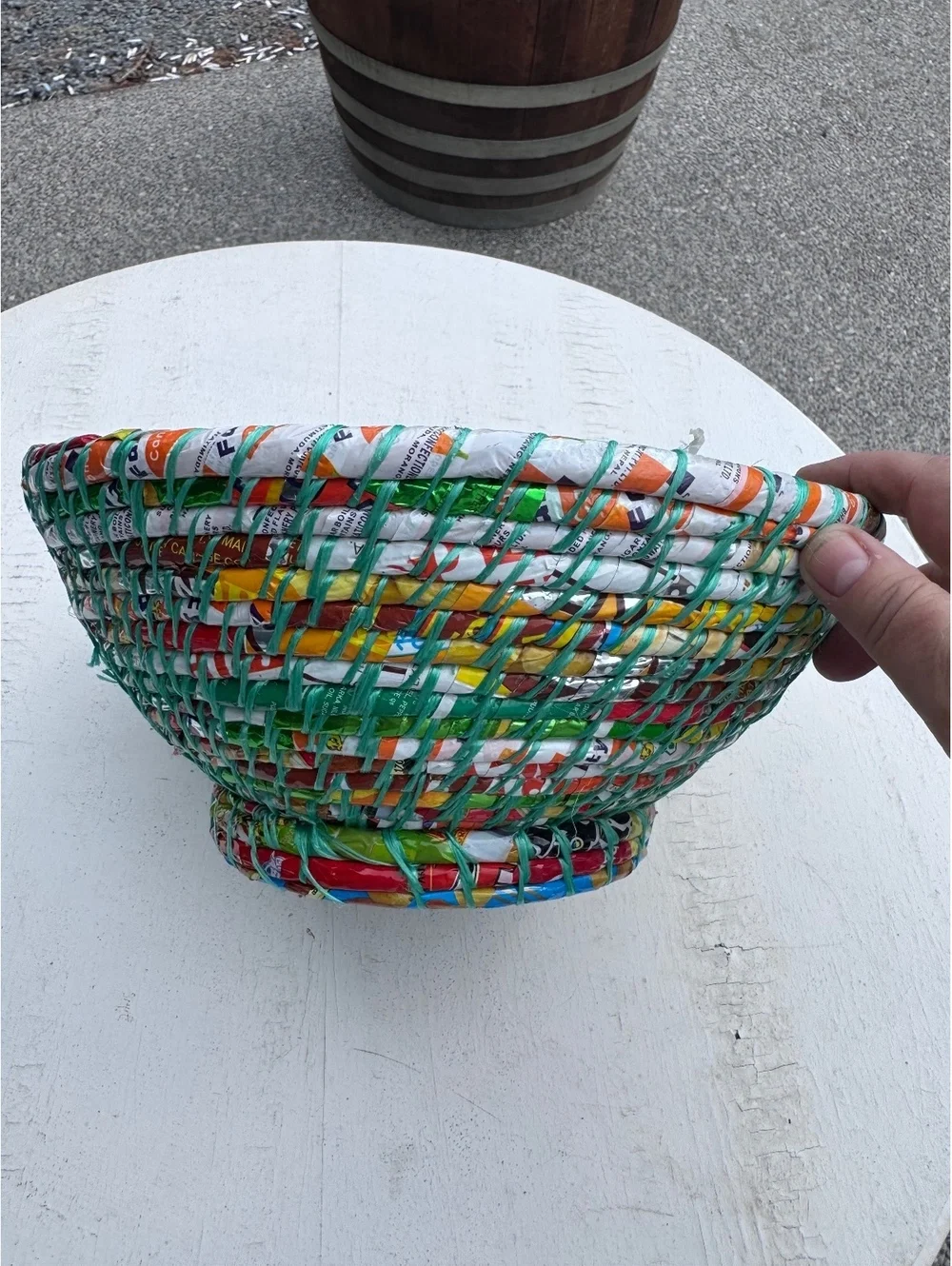 Handmade Upcycled Recycled Wrapper Basket Bowl Colorful Woven Folk Art 12”